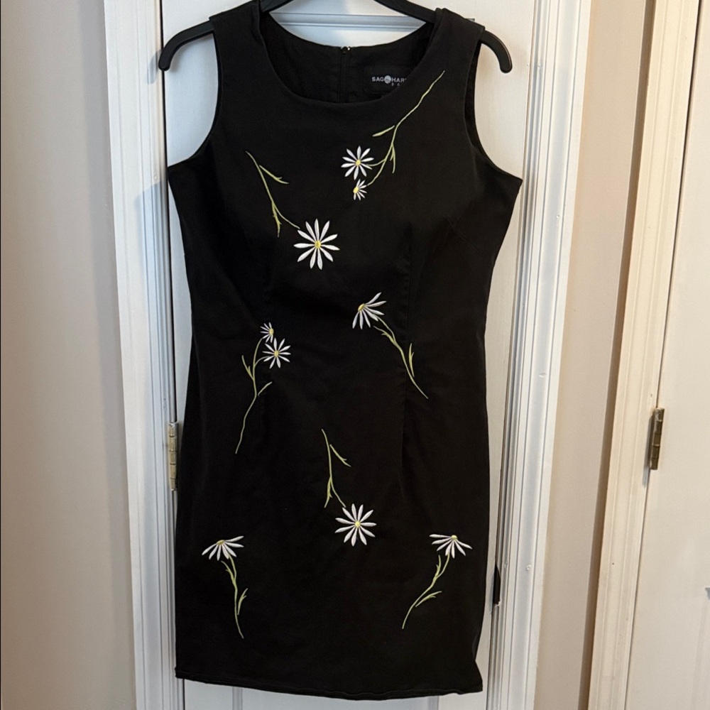 Sag Harbor Black Dress with White Floral Embroidery